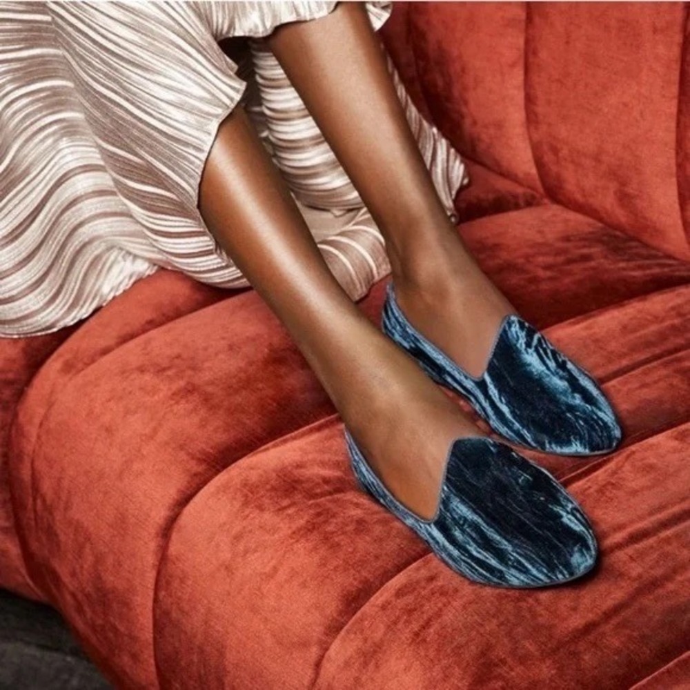 Birdies The Starling Blue Crushed Velvet Loafers Smoking Slippers Womens 8.5